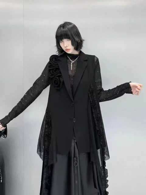 

Bla Flower Suit Vest Women's Loose Outerwear Spring 2025 Faionable Commute Sle Long Sve Buttoned Mid-Length Coat