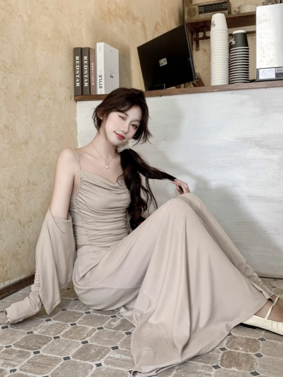 

Casual Off-Shoulder Open Cardigan High Waist Floor-Length Pants Slimming Three-Piece Set for Women Spring Autumn New Style