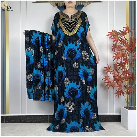 New Dubai Muslim Sets Cotton Dress Fashion Women Loose Maxi Kaftan Stripe Print Femme African Abaya islamic For Women Clothing