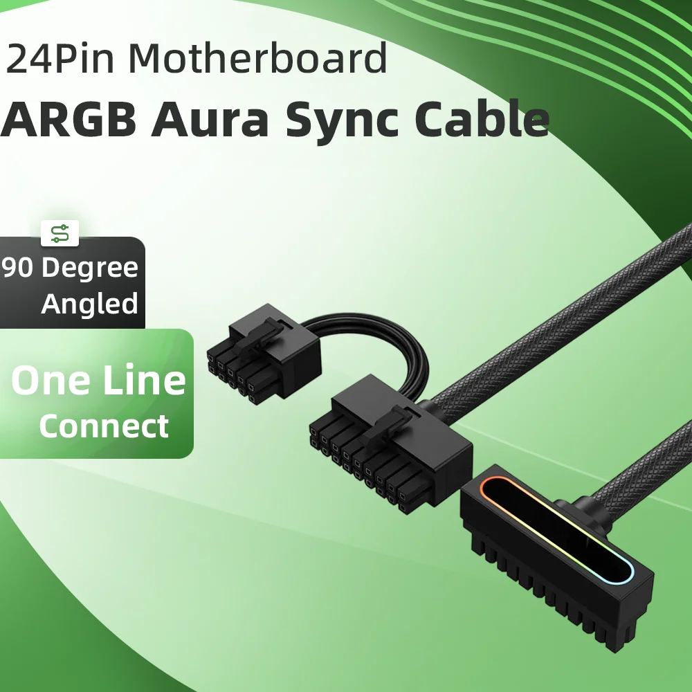 90 Degree Angled 24Pin Motherboard Power Cable Side Outlet ARGB Sync Modular Power Supply Cable One Line Connect