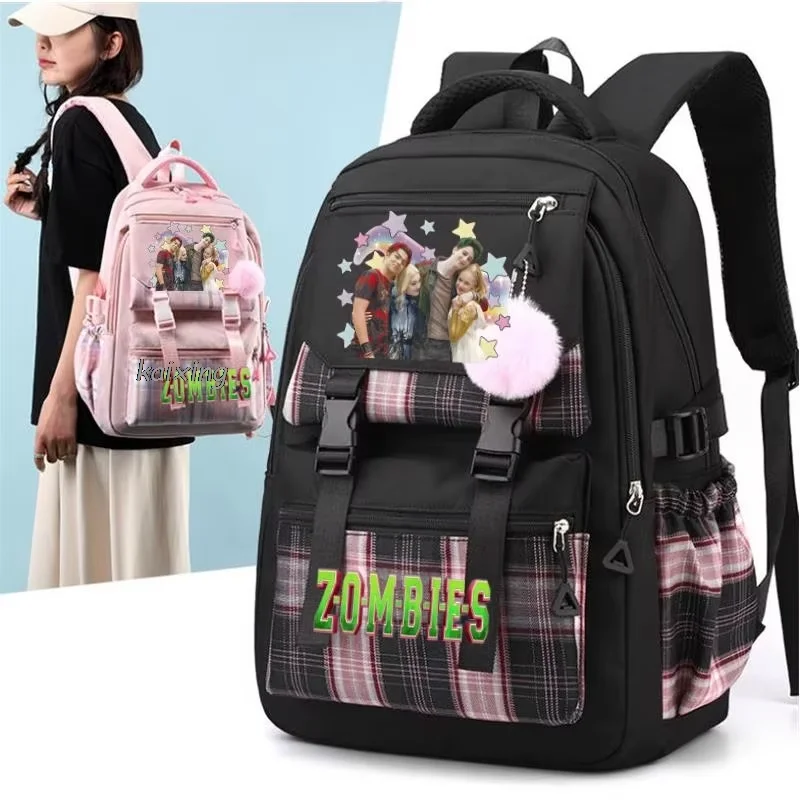 Movie Character Star Graphic Print Backpack Light Plaid Pom Pom Pendant Student School Bag Teen Girls Casual Travel Daypack