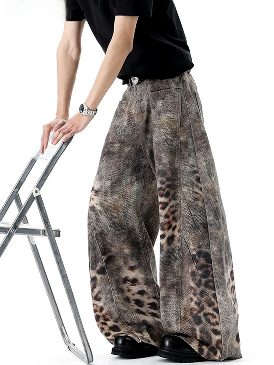 Calças Jeans Largas com Estampa de Leopardo Estilo Americano Retrô para Homens e Mulheres, Moda Casual de Rua, Calças Longas ...