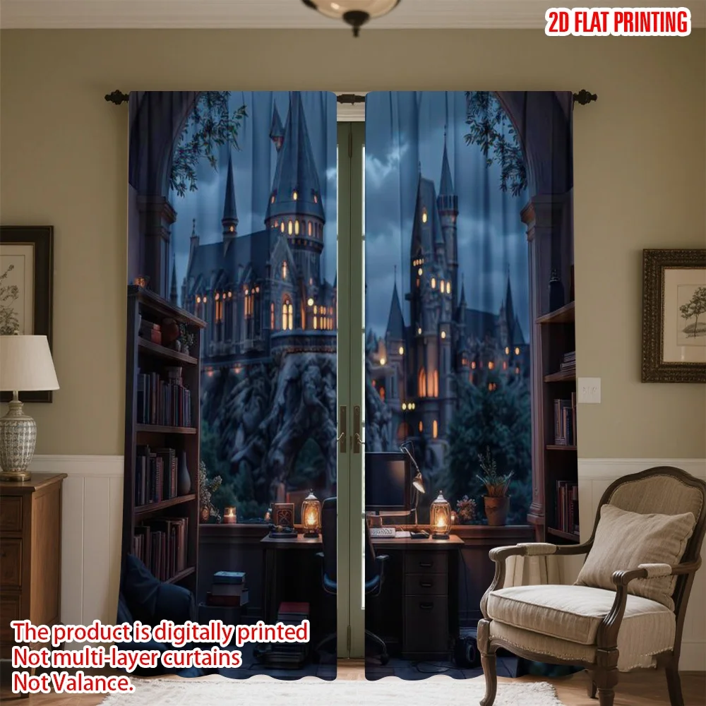 

2D flat printing 2pcs Party Curtains Castle View Study Room Digital Printed Polyester Drapes Family Party Decoration Use for New