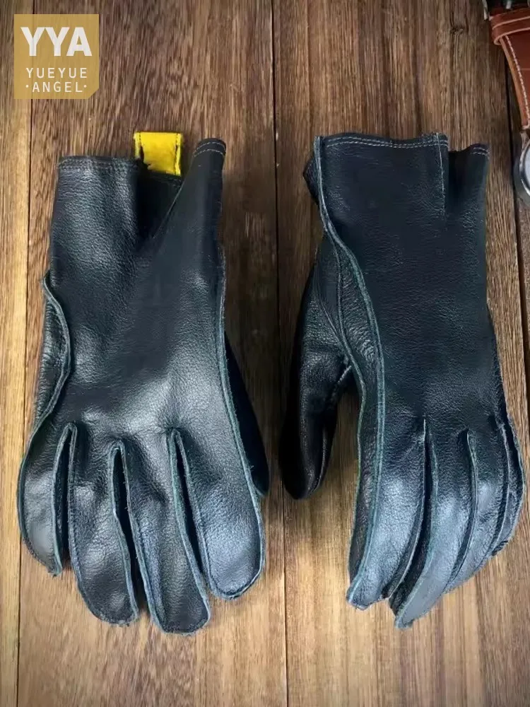 Vintage Men Motorcycle Riding Cowhide Genuine Leather Gloves Unisex Split Finger Wrist Gloves Fashion Cycling Mittens