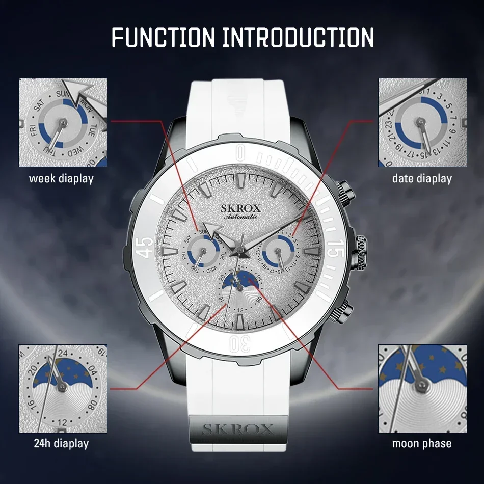 Высококачественные роскошные дизайнерские часы с автоматическим механизмом и фазой Луны, механические мужские часы для дайвинга, спортивные часы с резиновым ремешком, реплика белых мужских часов