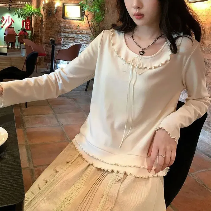 

Basic Solid Color Stylish Drawstring Pullovers Women's Clothing Korean Folds Spliced Autumn Long Sleeve Sweet O-Neck T-shirts