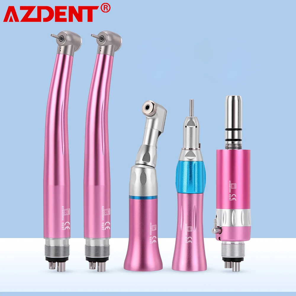 AZDENT Dental High & Low Speed Handpiece Kit Straight Contra Angle Single Water Spary Air Turbine 4 Hole 2 Hole Pink Color Lab