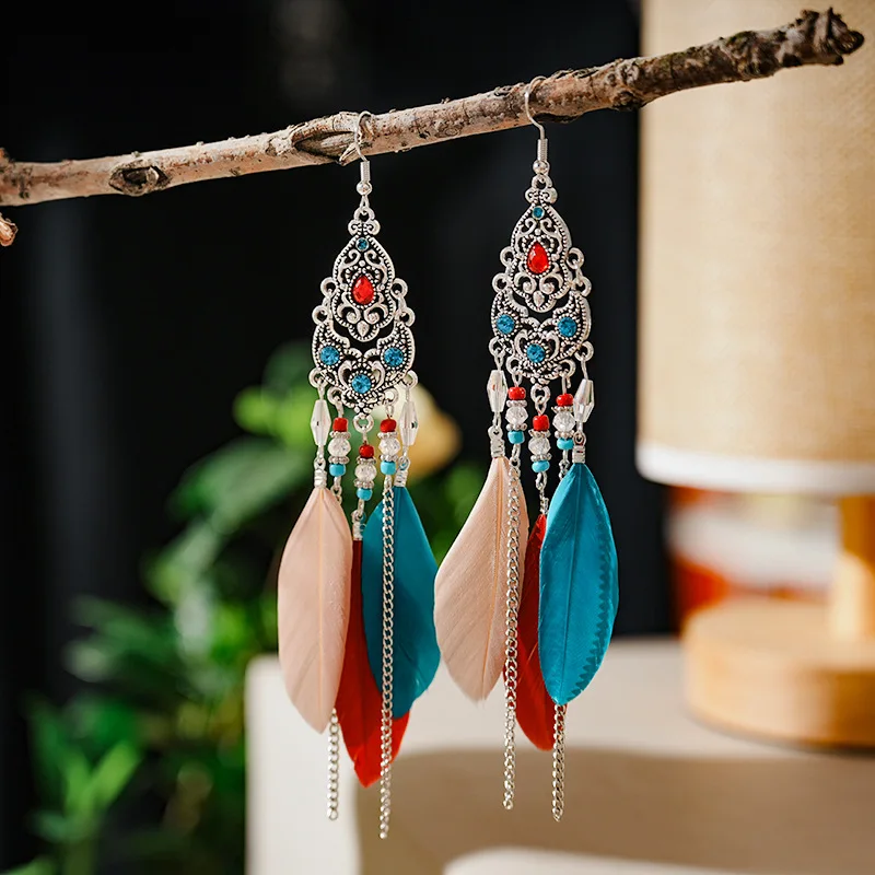 Trendy Boho Feather Long Dangle Drop Earrings Women Handmade Chain Tassel Beads Wedding Female Earrings Pendientes Jewelry Gift