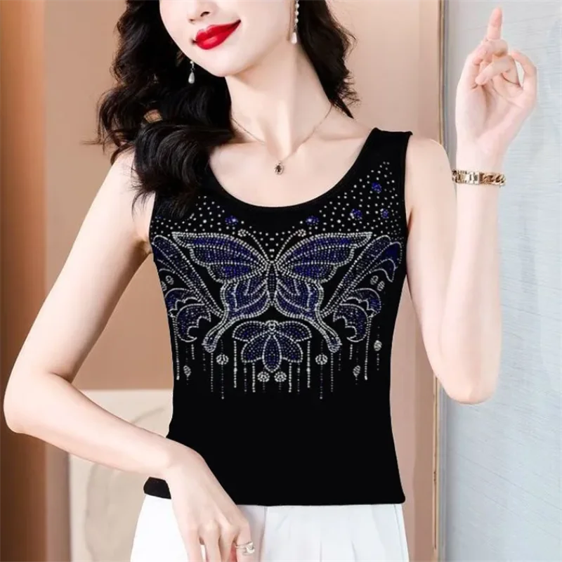 Hot Drill Vest For Women Sleeveless Top Summer Tank Top Slim Bottom Top Butterfly Camisole Outside Wear Femme Vest