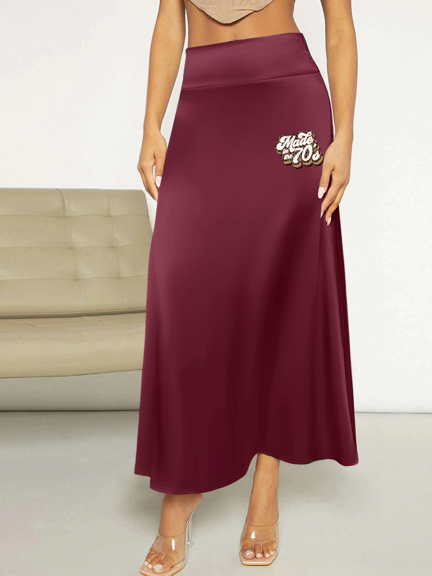 Women High Waist Maxi Skirt, "Made in the 70's" Retro Print Casual Flowy Long Skirt For Vintage Style