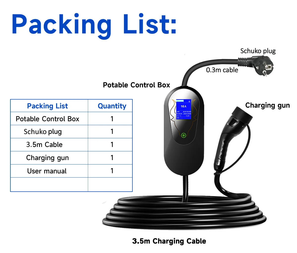 Cargador portátil EV para coche eléctrico, estación de carga con Cable de 3,5 m, enchufe europeo Schuko, tipo 2, 16A, 1 fase, 3,5 kW GB/T