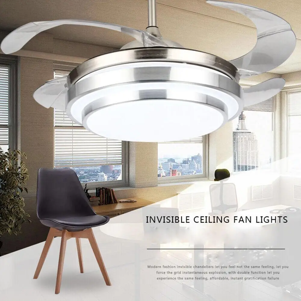 42Inch Modern Invisible Ceiling Fan Light 3 Colors Retractable Blades LED Chandelier Lamp with Remote Control