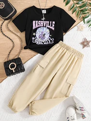 Summer Kids Fashion Girls Casual Sports 2 Soft and comfortable cartoon guitar Print T-shirt Solid color jogging casual pantsuit