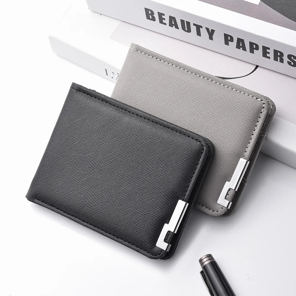 กระเป๋าสตางค์ผู้ชายแบบพกพา หนัง PU คุณภาพพรีเมียม กระเป๋าใส่บัตรเครดิต กระเป๋าสตางค์แบบสั้นบางเฉียบสำหรับผู้ถือบัตร