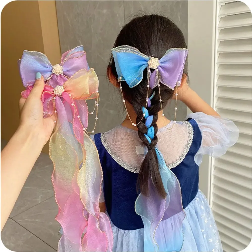 Hair Accessories Gradient Color Baby Girls Headwear Princess Hairpin Long Ribbon Hairpin Lace Bow Hair Clips Braided Hairpin