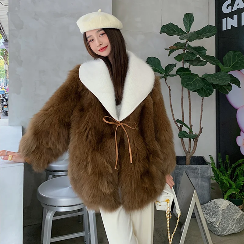 

Coats Real Fur Women's Winter 2023 Casual Warm Fox Fur Knitting Large Lapel Frenulum Medium and Long Leather Fur Jacket Female