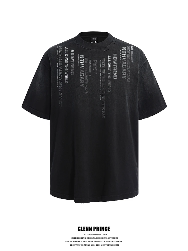 

GPstudio American Retro Heavyweight Pure Cotton Short Sleeve T-Shirt Men's Design Sense Washed Gradient Letter Print Casual Tee