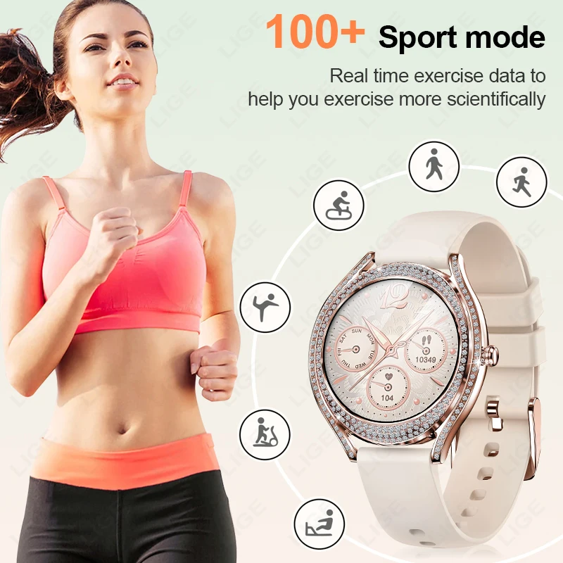 LIGE New Women Smart Watch 1.28 Inch Sports Fitness Bracelet BT HD Calling Clock Waterproof Diamond Case Fashion Smartwatch 2024