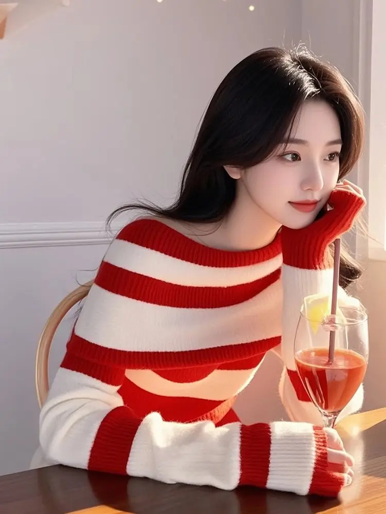 Women's Stripe Off Shoulder Knit Sweater Winter Base Layer Unique Beautiful Knit Top Autumn Winter Tops