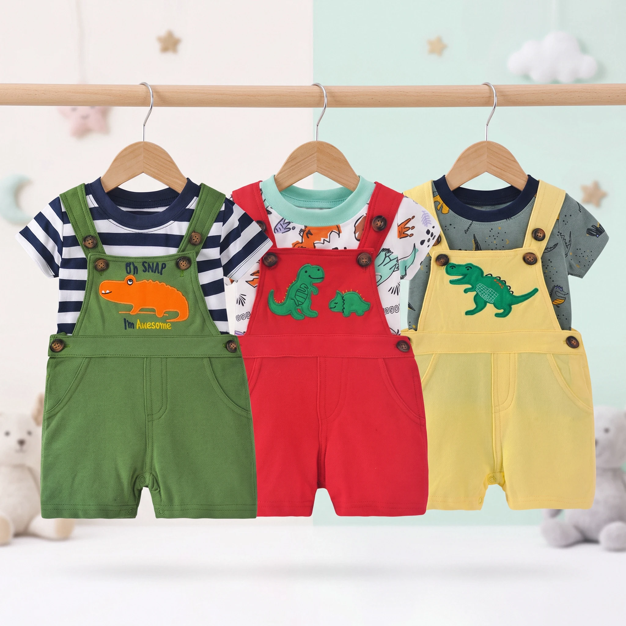 Baby Boy 2Pcs Summer Outfit Cotton Short Sleeve T‑Shirt + Dinosaur Embroidery Short Overalls Infant Toddler Casual Sets 9M‑3T
