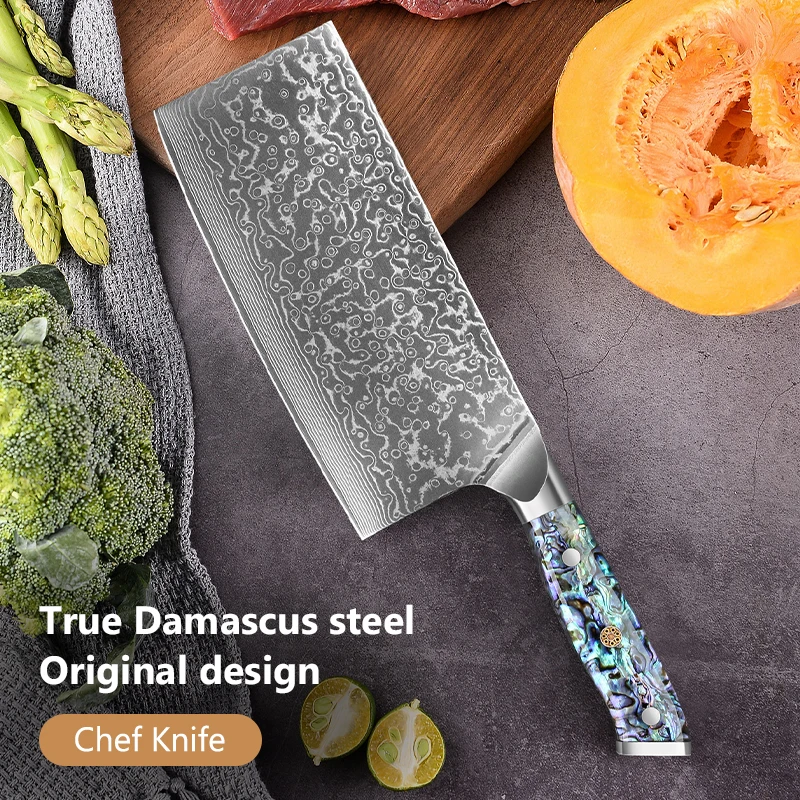 7.5 inch Cleaver Knife Japanese Damascus Steel 67 layers Chef Knife Super Sharp Chinese style Kitchen knife Abalone shell Handle