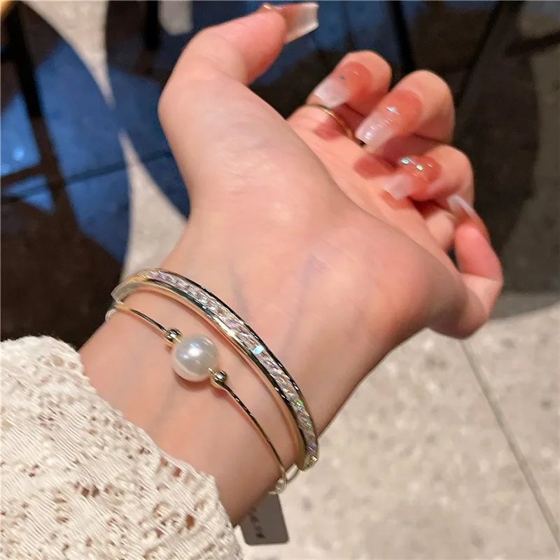 CC Vintage Bracelets Double Layer 14K Gold Color Imitation Pearl White Zirconia Open Bangle Temperament Women Accessories J664