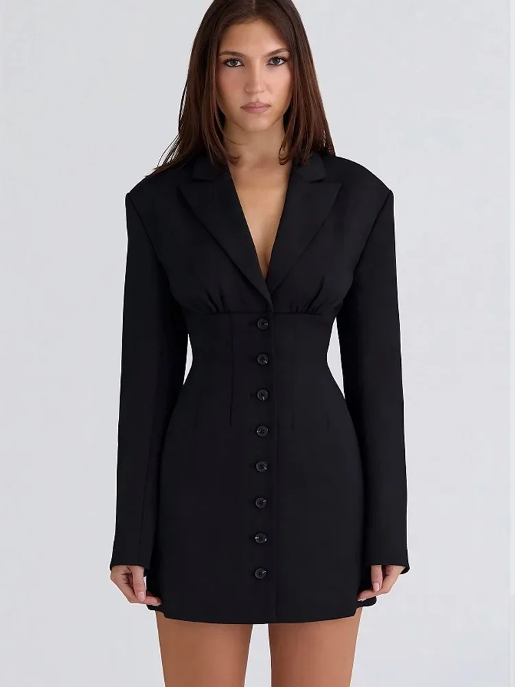 Vestido blazer feminino de manga longa com decote em V sexy, vestido preto de cintura alta com um único estilo de inverno