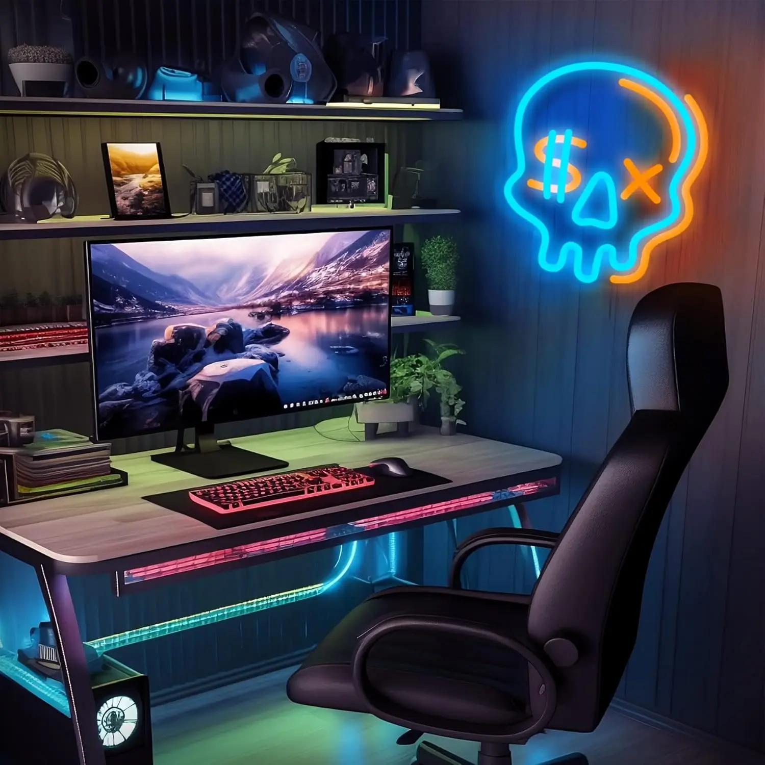 11*10 inch Skull Neon Sign Wall Decor Halloween Skeleton Blue LED Light Bedroom Cute Teenage Boy Room Decor Man Cave Gamer Kids