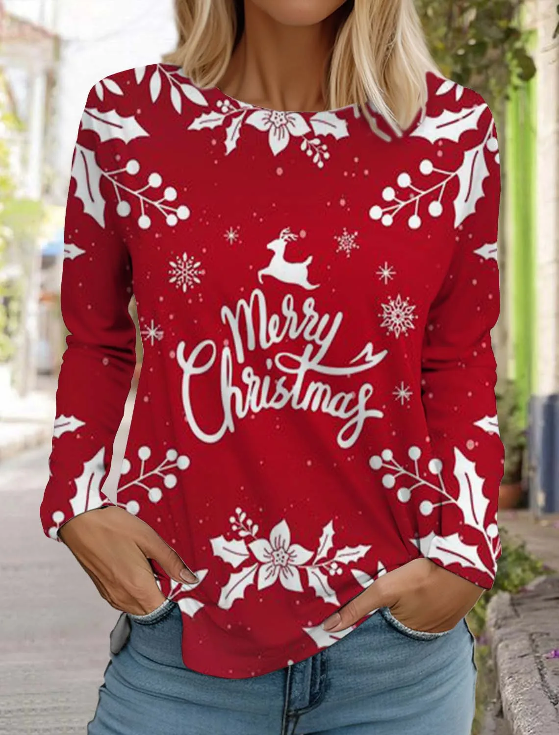 Christmas Snowflake Women's Long Sleeves T-Shirt Round Neck Autumn Santa Claus Elk Clothing Holiday Fashion Party T-Shirt Tops