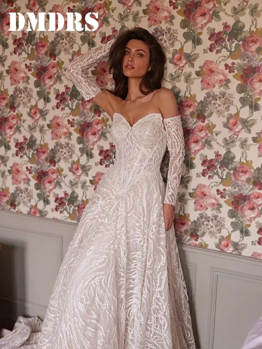 

DMDRS Romantic Sweetheart Wedding Dress Romantic Strapless Lace Bridal Gowns Formal A-Line Beaded Floor-Length Wedding Gowns