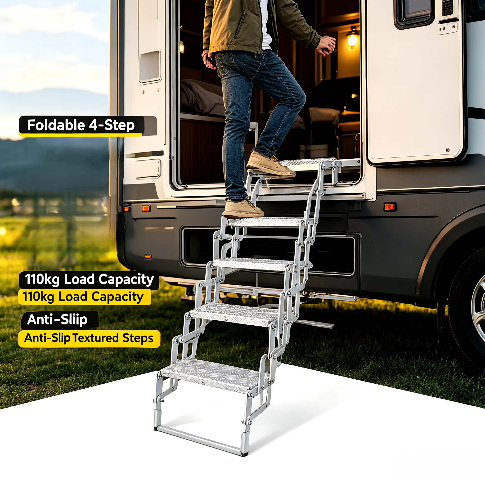 Escabeau pliant à 4 marches en alliage d'aluminium, capacité de charge de 242,5 lb, cadre en acier au carbone anti-oxydation, pour camping-car, camion, grenier, entrepôt, bibliothèque, marches texturées antidérapantes, trous de fixation pré-percés, boucle de verrouillage pliable pour gagner de la place