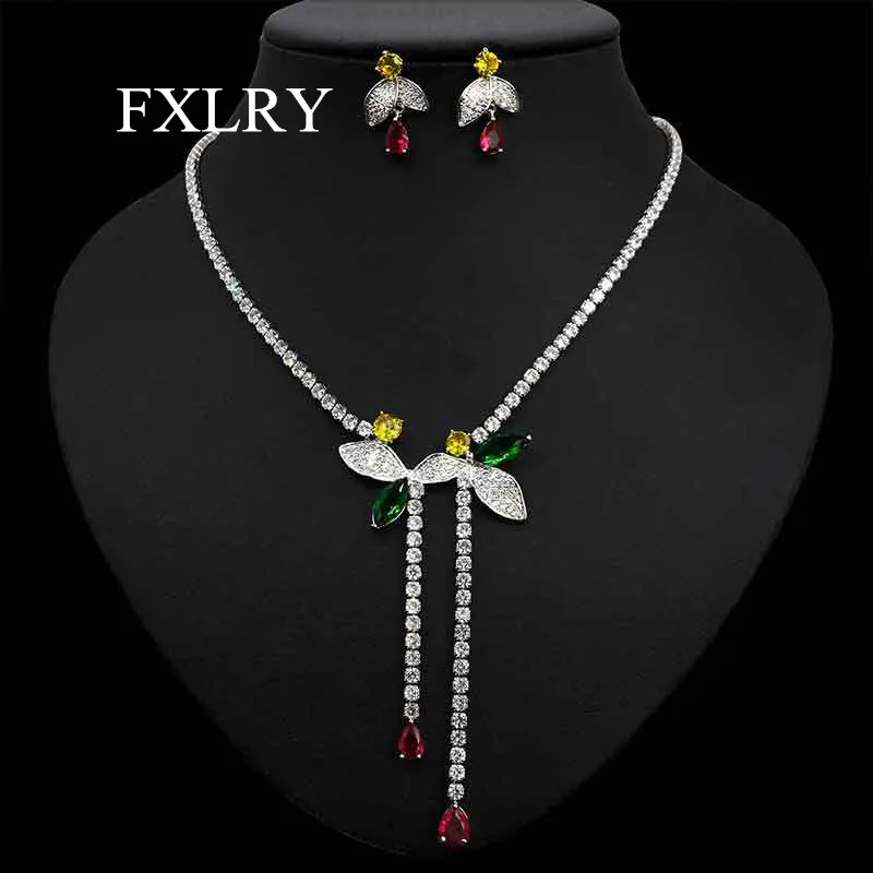 FXLRY Elegant Cubic Zirconia Leaf Water Drop Necklace And Earring For Women Wedding Dinner Party Jewelry Set