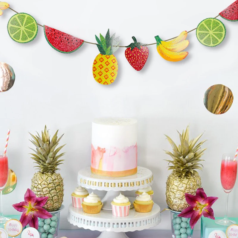 1set Fresh Summer Glitter Fruit Theme Party Banner For Pineapple Watermelon Bunting for Birthday Hawaii Luau Tiki Party Decor