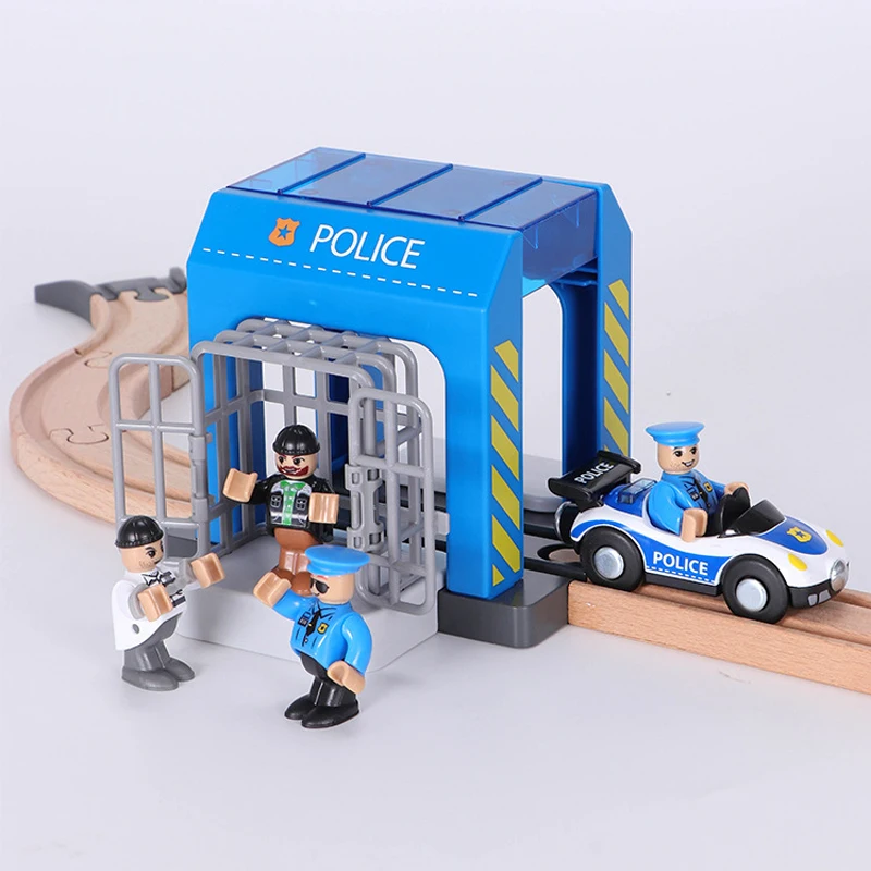 Wooden Train Track Plastic Police Station Car Wash Room City Scene Accessories Compatible with Wooden Track Toys for Children