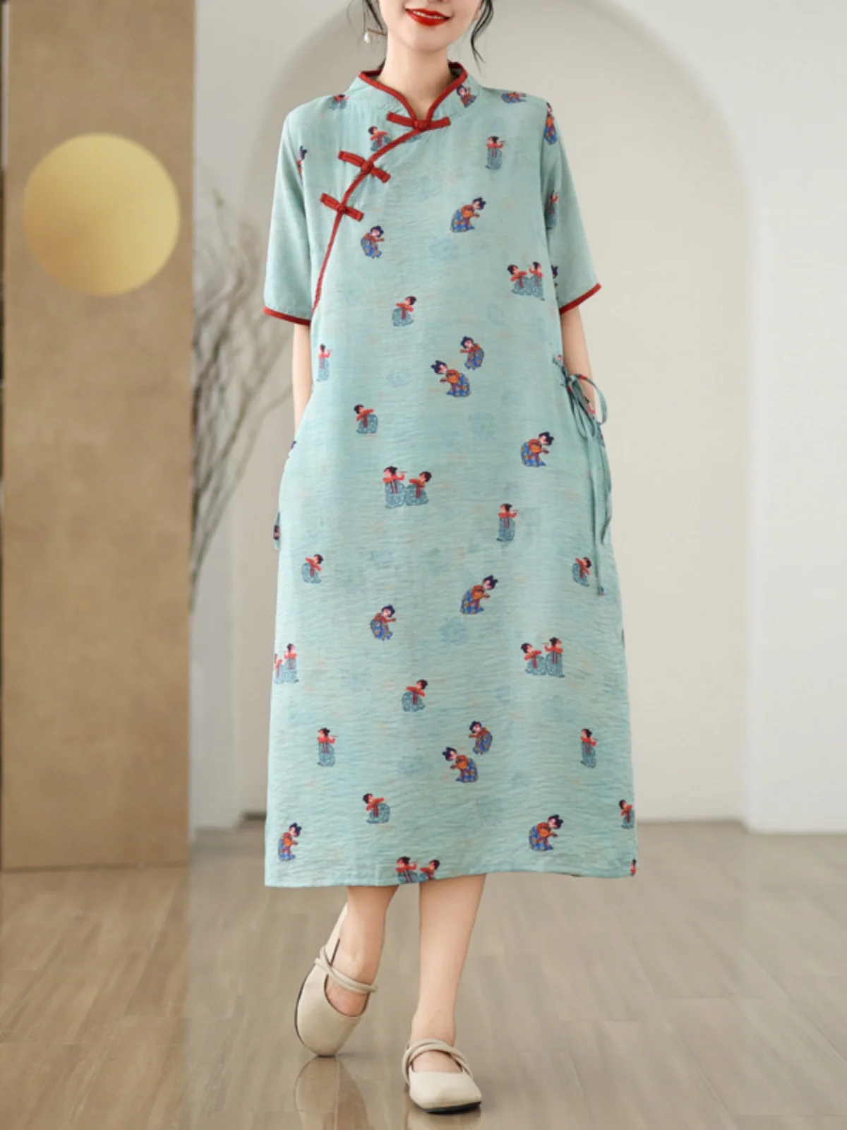 Nueva tendencia nacional china Sle Lino ort Sve Mujer Dr Verano Estampado retro Botón lateral Algodón Lino Mejorado Cheong...