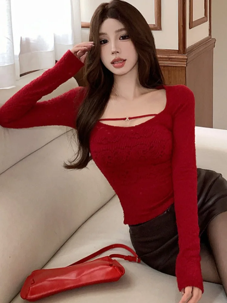 

Sexy Knitted Base Shirt U-Neck One Shoulder Women's Inner Wear for Autumn Winter Red Sweater Breathable Comfortable Korean Style