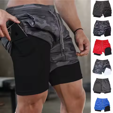 Men's Multi Pocket Shorts Fitness sweatpants Breathable sports shorts Lined Skinny double-deck Mesh Camouflage Running Shorts