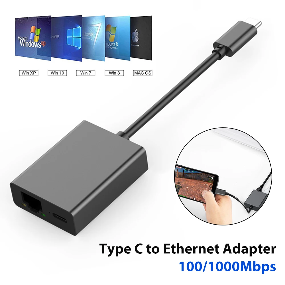 USB Type C Ethernet Adapter Network Card 1000Mbps Type-C To RJ45 Internet Cable Support PD Charging for Mobile Phone/Tablet