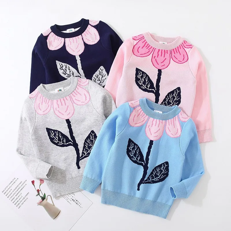 2024 Autumn Winter New 3 4 5 6 8 10 Years Kids Children O-Neck Long Sleeve Big Flower Floral Baby Girl Knitted Pullover Sweater