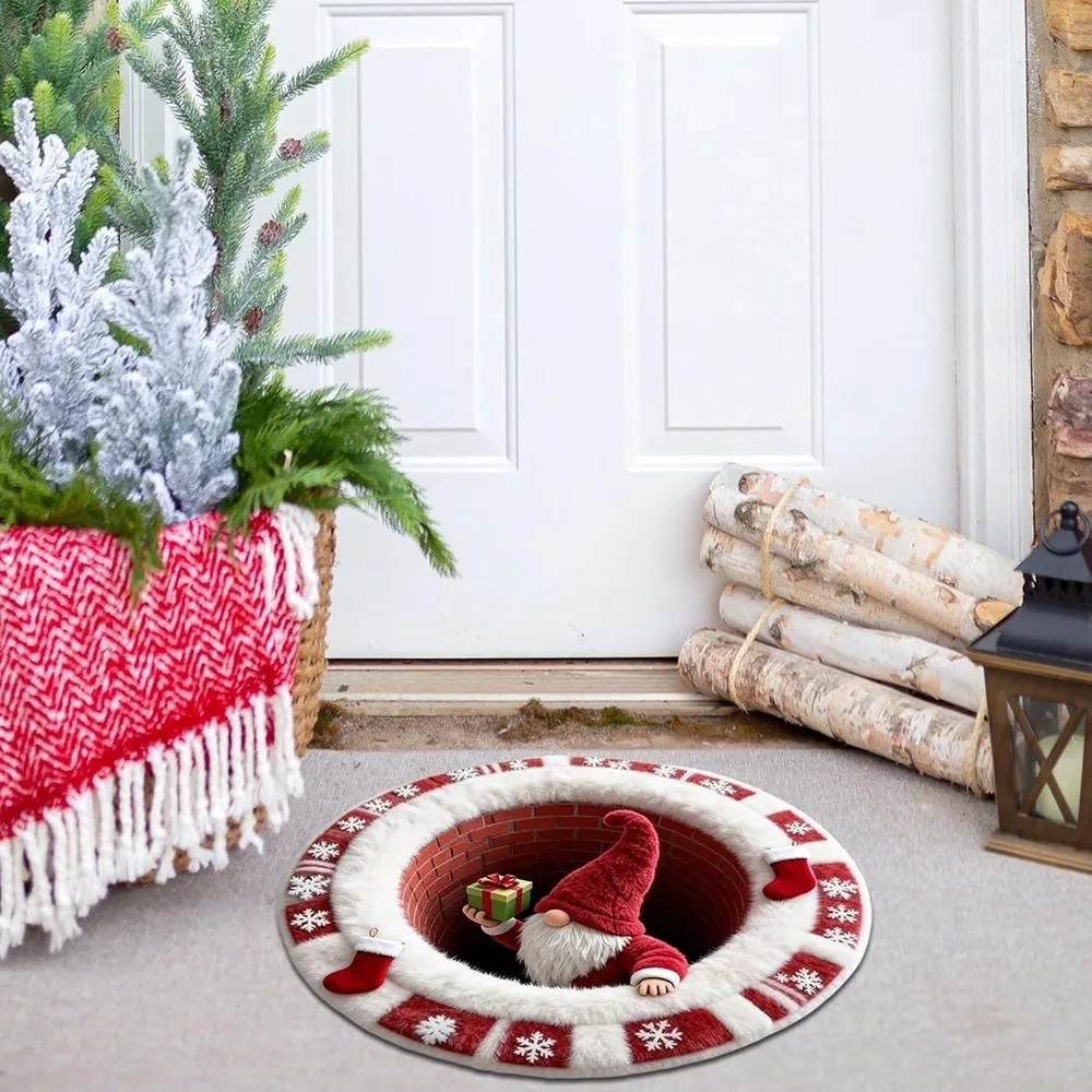 60*60cm Christmas Round Carpet Imitation Cashmere Red Christmas Tree Base Mat 3D Special-shaped Anti-Slip Bedroom Door Mat