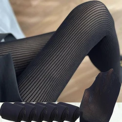 Pantimedias acanaladas de punto para mujer, mallas de Raya Vertical de punto negro, medias transparentes sexis, mallas ajustadas, pantimedias, nueva moda