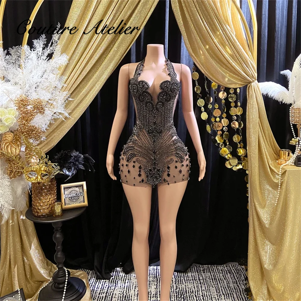 

Seductive Black Halter Mini Cocktail Prom Dresses Black Girls Beaded Rhinestones Baddie Birthday Dress Luxury vestido Customized