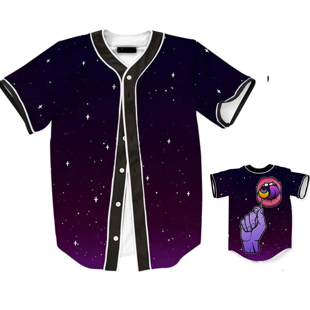 Skull Harajuku Hip Hop High Street Baseball Shirt Gradient Starry Sky 3d Hd Printed Short Sleeve Top MB27