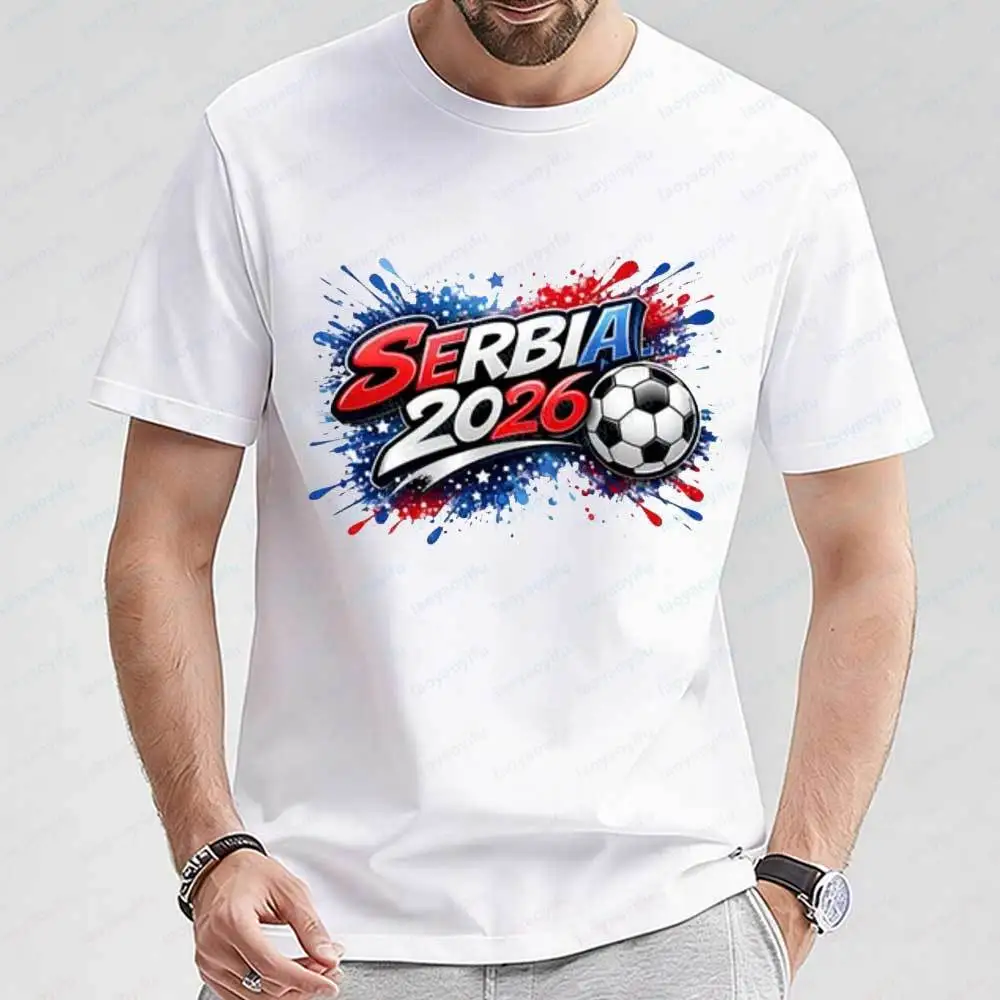 

Serbia 2026 Soccer T-Shirt Football Fan Graphic Tee Casual Cotton Soccer Supporter Tops 2026 Soccer Sporty Gift for Serbia Fans