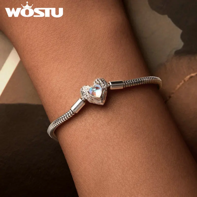 WOSTU 925 Sterling Silver Guardian Angel Wings Heart Rainbow Moonstone Basic Bangle Bracelet Fit Original Charms Beads DIY Gift