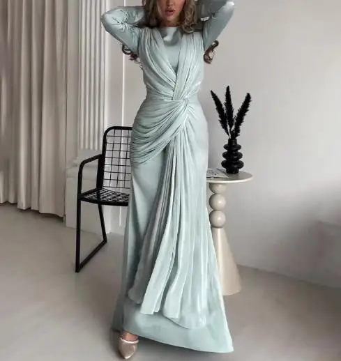 

Autumn 2025 New Round Neck Slim Fit Overlapping Pleated Design Dress, Women's Fashionable High Waisted Lace Up Long Skirt