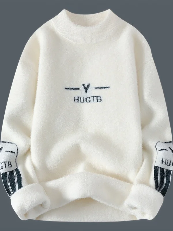 

Модный утепленный мужской свитер с круглым вырезом, теплый пуловер с буквенным принтом, повседневный топ из полиэфирного волокна с длинными рукавами