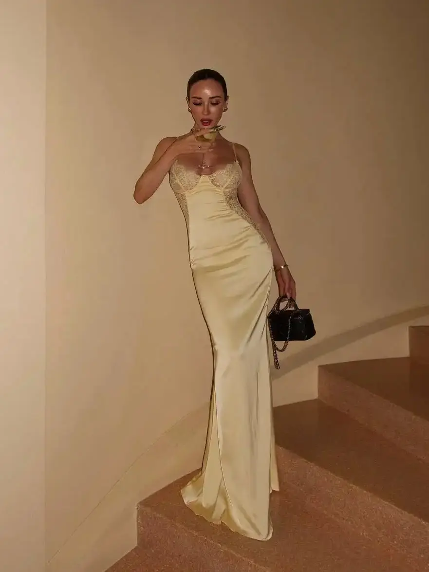 Ofherown Pale Yellow Satin Lace Mermaid Evening Dress Spaghetti Strap Deep V Prom Gowns for Cocktail Party Prom Gala