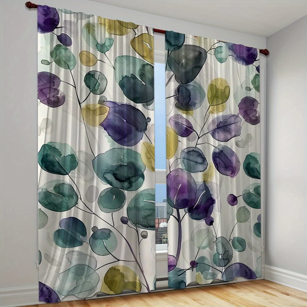 2 Pieces of Contemporary Artistic Curtains with Hand Painted Leaf Patterns  for Multiple Room Types Machine Washable Rod Pocket