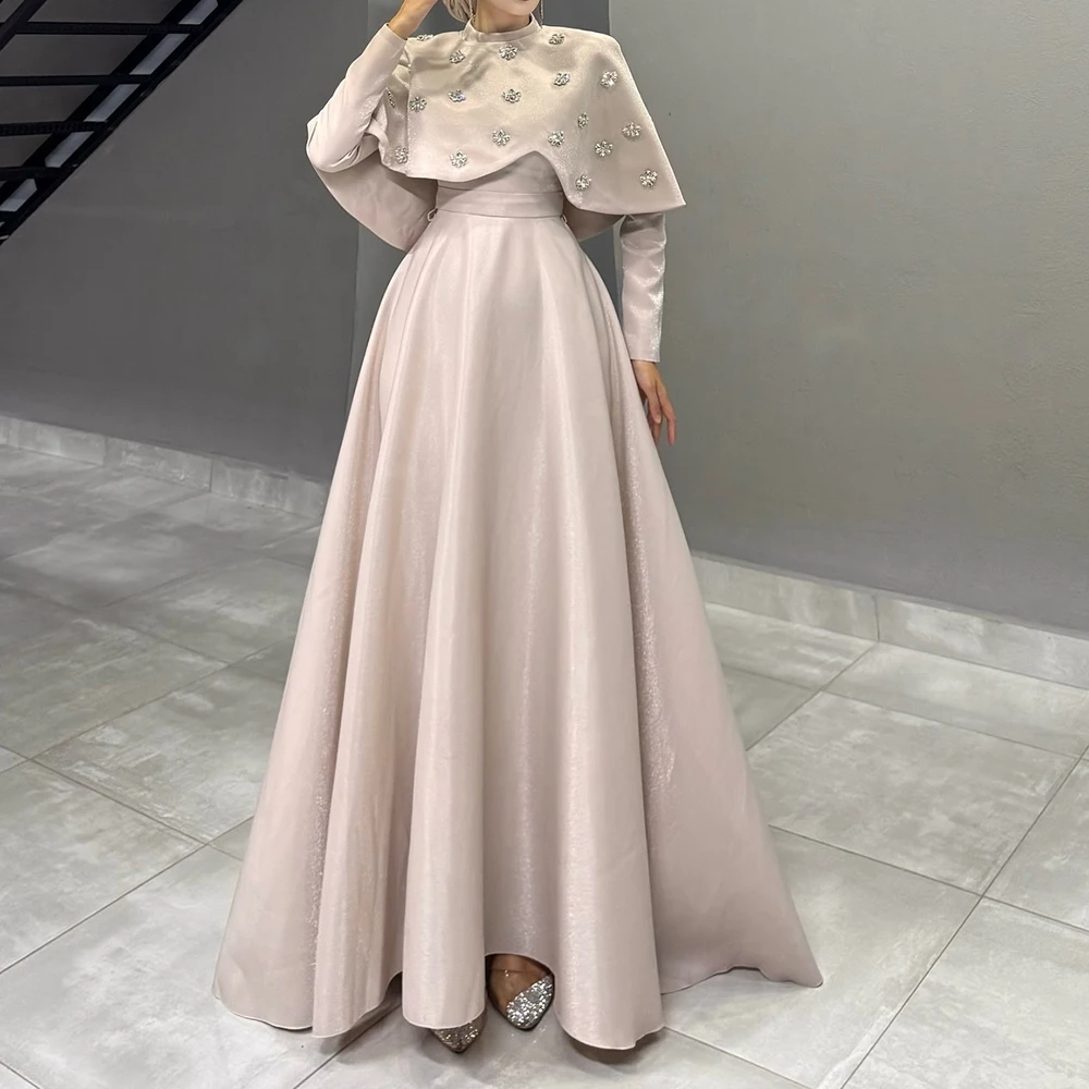 Customized A-line Evening Dresses Floor-length High-neck Full Sleeve Prom Gown Fashion Crystal Stole Simple Draped Party Gown image 4